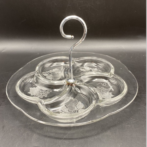 Vintage Elegant Fruit Designed Divider Glass Serving Tray With Handle - Picture 1 of 3